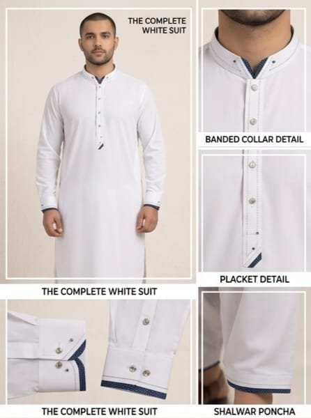 Premium White Shalwar Kameez with Navy Contrast Details – Men’s Collection